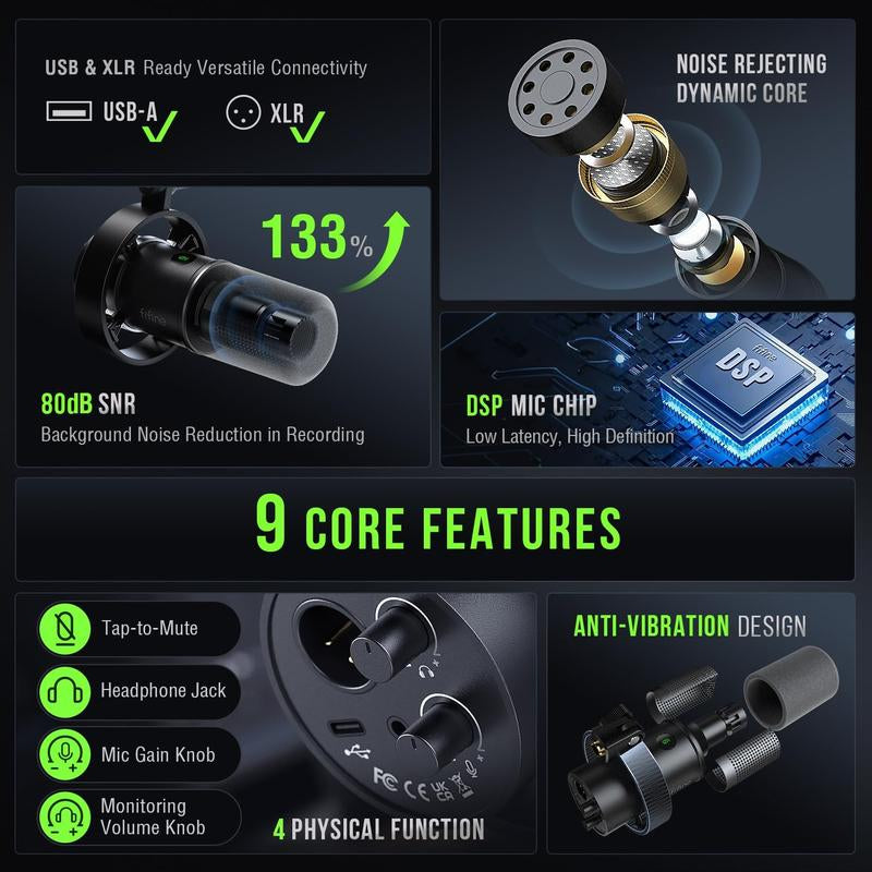 FIFINE K688 USB/XLR Dynamic Podcast Microphone – Pro Mic, Mute & Monitor for Streaming, Gaming, Vocal & Music Recording Audio, for PC Smartphone Mixer, Boom Arm